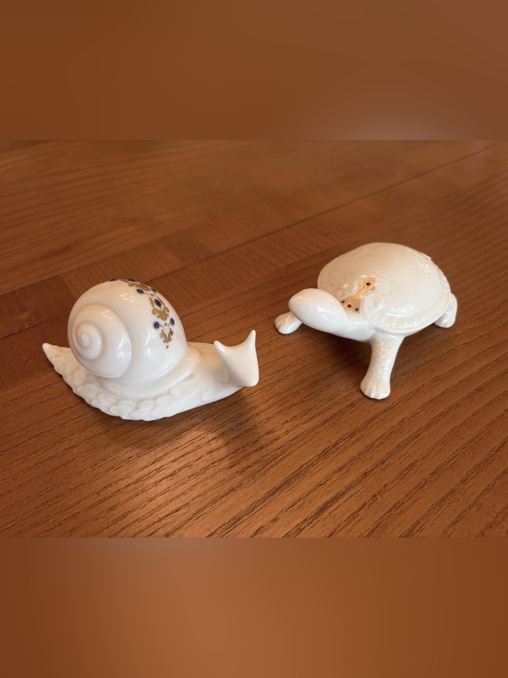 Lenox White Porcelain Snail and Turtle Figurine Set with Gold and Blue Accents